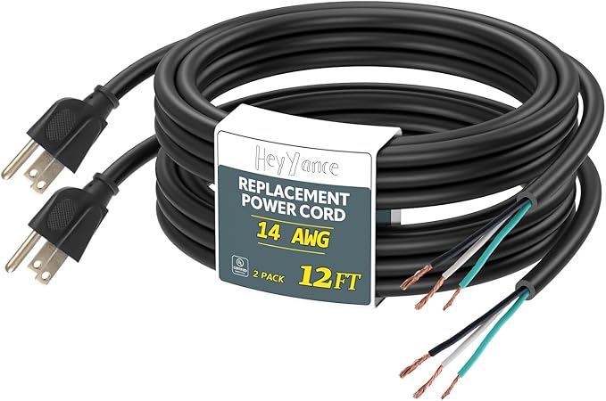 2 Pack 12 ft 14/3C SJTW Appliance and Power Tool Cord, 14 Gauge 3 Prong Heavy Duty Replacement Power Supply Cord Cable, 110V 115V 120V AC Pigtail, 15A, 1875w