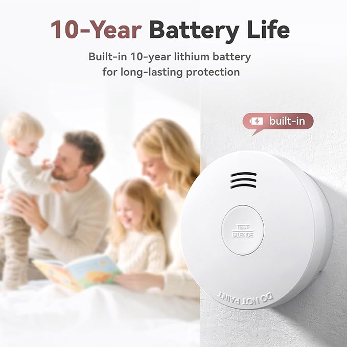 Smoke Detector 10 Year Battery, Smoke Fire Alarm with Photoelectric Sensor, Easy to Install with Magnetic Mount, Smoke Detectors with Silence Button & LED Lights for Home, 2 Pack