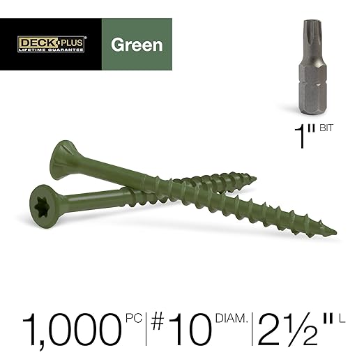 Deck Plus 2-1/2 Inch Epoxy Coated Exterior Wood and Fence Screws #10 x 2-1/2" Torx/Star Drive Included Coarse Thread, Outdoor Rust Resistant Decking Screw, Green, Keg, 1000 Pieces | 49320