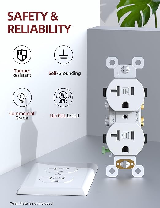 AIDA 20 Amp Outlet Duplex Electrical Receptacle Outlets,Power Outlet,Tamper Resistant,Heavy-Duty Receptacle Wall Outlet,Residential,2Pole,3-Wire, Self-Grounding Clip, NEMA 5-20R,UL Listed 10 Pack