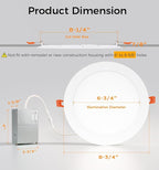 CLOUDY BAY 20W 8 inch LED Recessed Lights,5Color 2700K/3000K/3500K/4000K/5000K Selectable,Dimmable CRI 90+,IC Rated,ETL Listed,Ultra Thin Recessed Downlight with Junction Box,White,6 Pack
