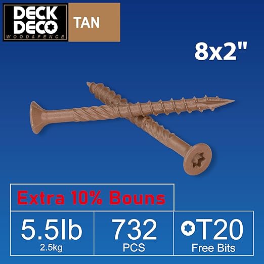 Wood Screws #8 x 2 732pcs(Approx), Tan Ruspert Coating Exterior Deck Screws, Torx/Star Drive Flat Head,Twist Shank, Cut Tip/Thread, Bit Included, 5.5 lb/Box