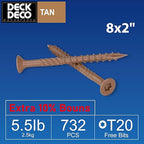 Wood Screws #8 x 2 732pcs(Approx), Tan Ruspert Coating Exterior Deck Screws, Torx/Star Drive Flat Head,Twist Shank, Cut Tip/Thread, Bit Included, 5.5 lb/Box