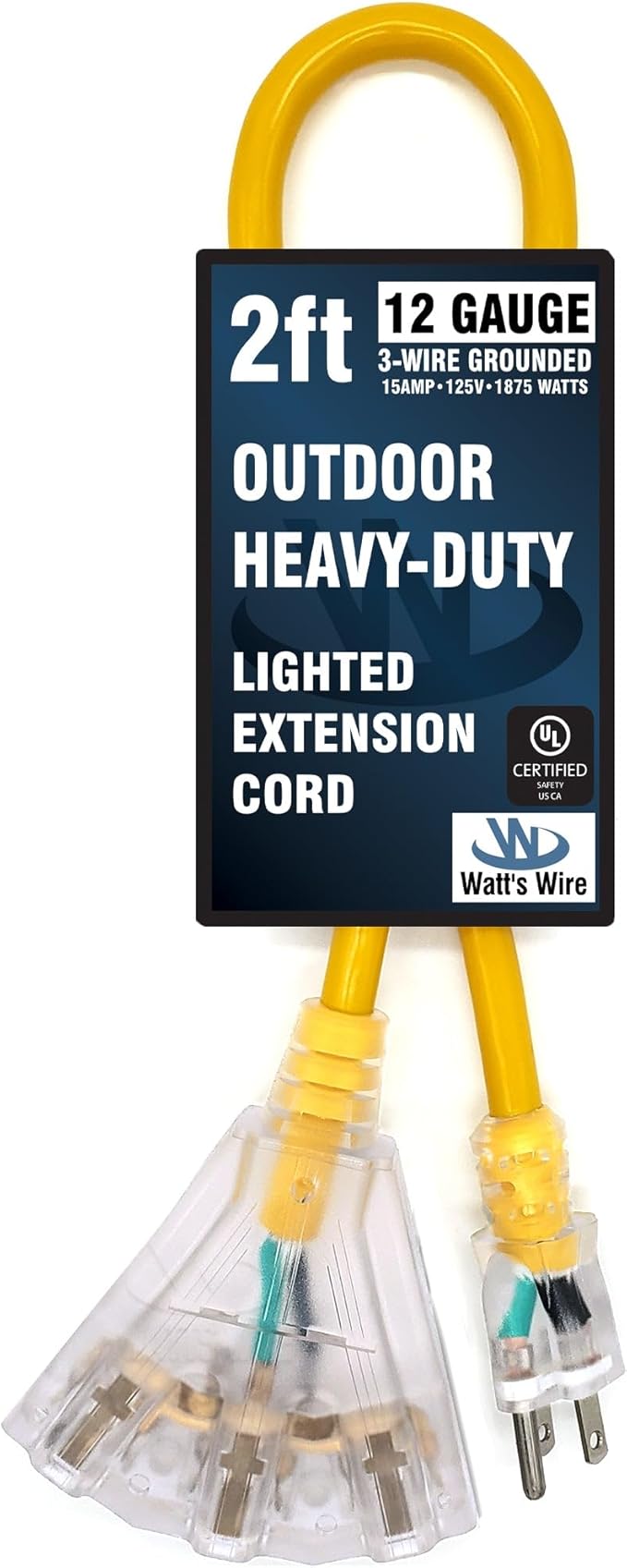 Outdoor Extension Cord Waterproof (2 ft) 12 Gauge Heavy Duty Extension Cord Splitter - Lighted Outdoor Extension Cords with Multiple Outlets - Watts Wire - 2' Grounded - extensiones electricas