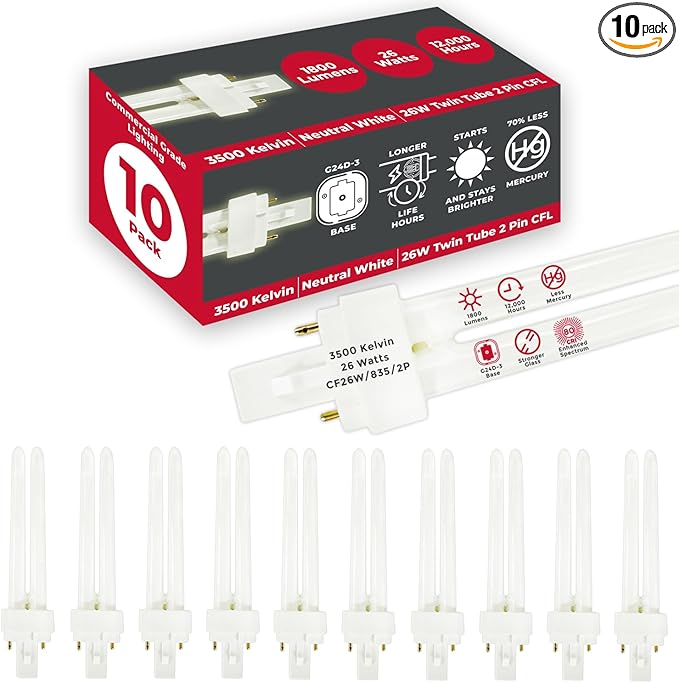 GoodBulb 26 Watt CFL Light Bulbs 2 Pin G24D-3 Base 3500K Neutral White 26W High Output 1800 Lumens Double Tube Compact Fluorescent Light Bulbs Plug-in 10 Pack