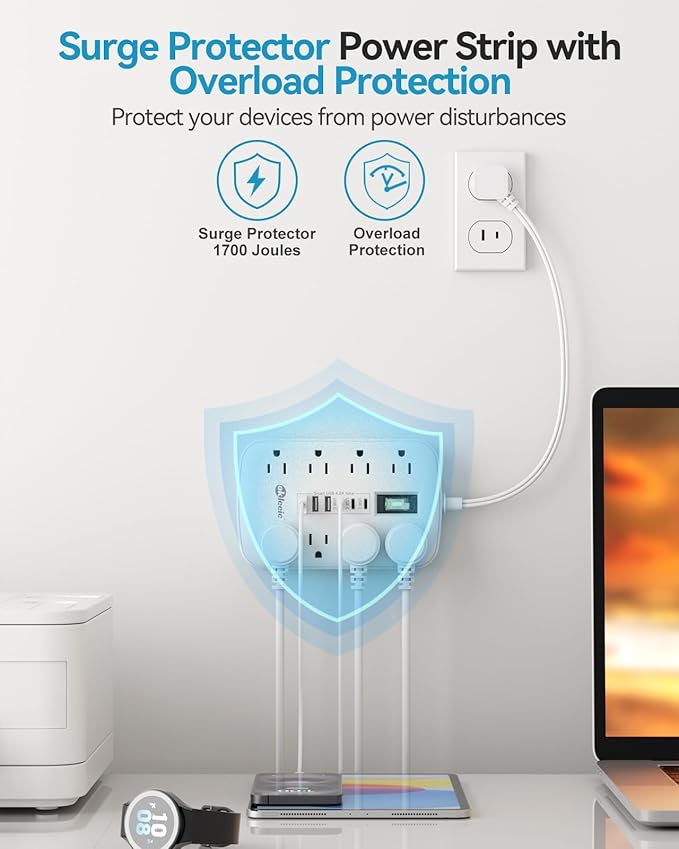 Short Extension Cord 1 ft - 2 Prong Power Strip 1700J Appliance Surge Protetor with 15A 8 Outlets 6 USB (5V/4.8A 24W) Charging Ports, Multi Plug Wall Outlet Extender for Home Office Dorm Roomc, White
