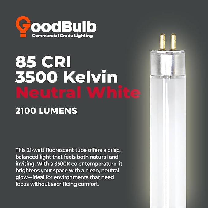GoodBulb F21T5/835/ECO 21W 34 Inch T5 Fluorescent Light Bulb, 3500K Soft White Medium Bi-Pin Base, 2100 Lumens 85 CRI 36000 Life Hours, Instant/Programmed Start (40 Pack)