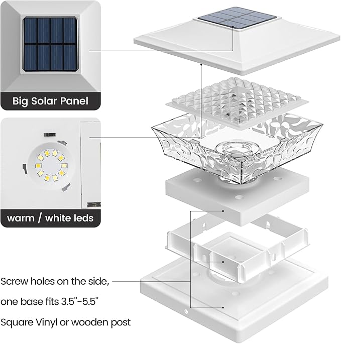 APONUO Deck Post Lights Solar Powered 12 Pack, Waterproof Outdoor LED Deck Lights for 4x4, 5x5, 6x6 Fence Posts, Warm/Cool White Light, All-Night Lighting, Auto On/Off, Patio Garden Yard Decor