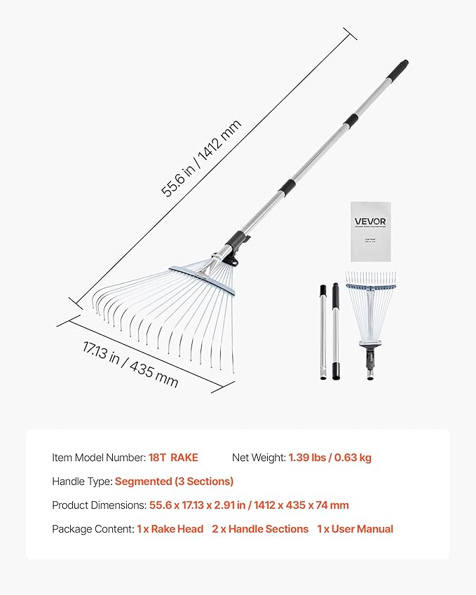 VEVOR Leaf Rake, 18 Metal Tines, Adjustable Garden Rake for Lawns with 7.7-17.1 Inch Head & 32.3-55.6 Inch Long Handle, Heavy Duty Stainless Steel Small Leaves Tool for Gardening Camping Yard Grass