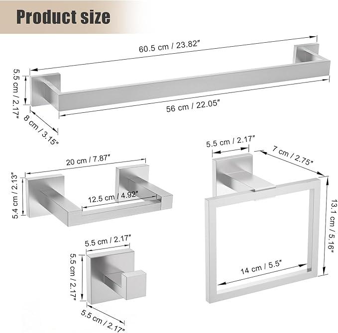 TQKAG Brushed Nickel Bathroom Hardware Accessories Set 5 Pieces, Double Post Pivoting Toilet Paper Holder Set Stainless Steel Square Bathroom Towel Bar Holder Set Wall Mounted