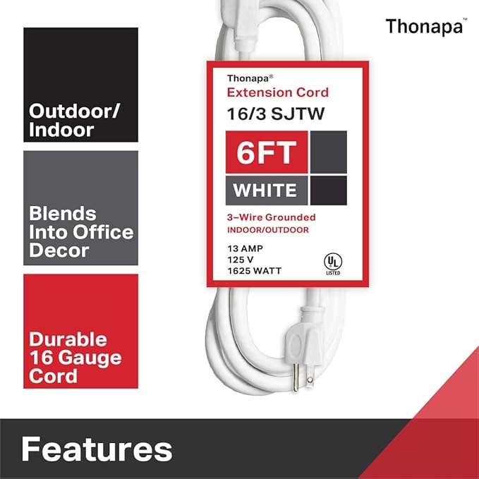 2 Pack White Extension Cord 6 ft, 16/3 SJTW Weatherproof Indoor & Outdoor Extension Cord 3 Prong Grounded Plug, Heavy Duty Power Cable Great for Home, Office & Outdoor Lights, US Veteran Owned