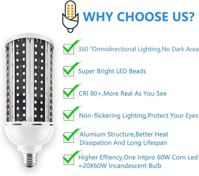 Intpro LED Light Bulb,80W LED Corn Light Bulb Lamp 8000LM E26/E27 5000K 85V~265V Super Bright Cob Light LED Garage Lights for Basement barn Workshop Warehouse Factory Porch Backyard High Bay Street