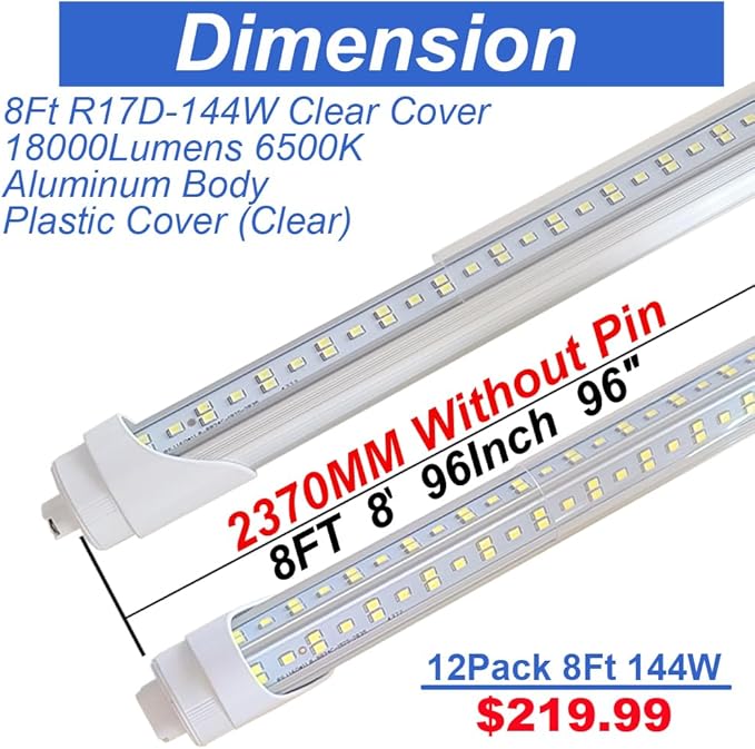 8Ft LED Ballast Bypass Bulbs 2 Pin,T8 LED Bulbs 8 Foot R17D Rotatable F96T12 HO LED Replacement Tube,144W T10 T12 8' Shop Lights,Double End Power 96", 18000LM Cold White 6500K,Clear Cover