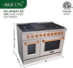 Akicon 48 Inch Freestanding Gas Range - 6.7 cu. ft. Double Rapid Convection Oven - Gas Stove with 8 Sealed Burners & a Griddle, Heavy Duty Cast Iron Grates (Copper & Stainless Steel)