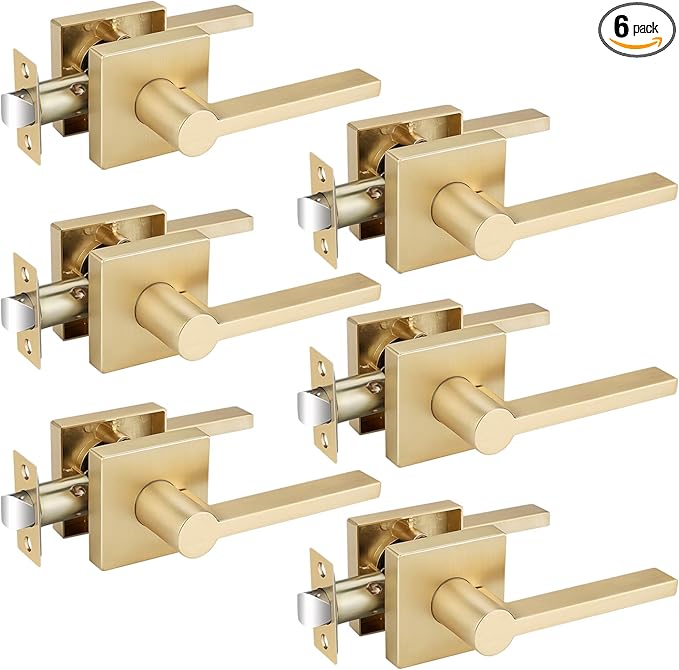 EHOMEWARE 6 Pcs Satin Brass Door Handles, Interior in Gold Finish, Passage Heavy Duty Contructions, Keyless Hallway Closet Door Knobs, Modern Door Levers
