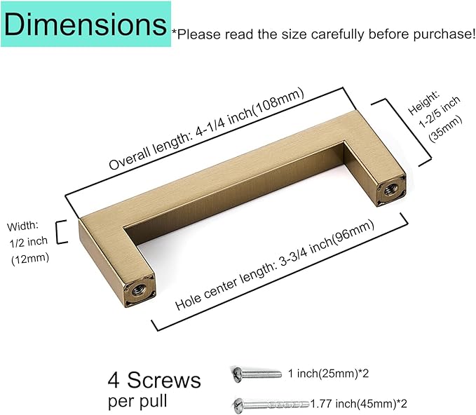 20 Pack Champagne Gold Cabinet Pulls 3 3/4 Inch(96mm) Hole Centers Square Champagne Bronze Dresser Pulls Bar Drawer Handles Stainless Steel Kitchen Cabinet Hardware Cupboard Handles