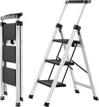 XinSunho 3 Step Ladder, Aluminum Folding Stool with Retractable Handrails & Tool Tray, Anti-Slip, Sturdy Lightweight, 330lbs Safety for Kitchen Indoor Outdoor
