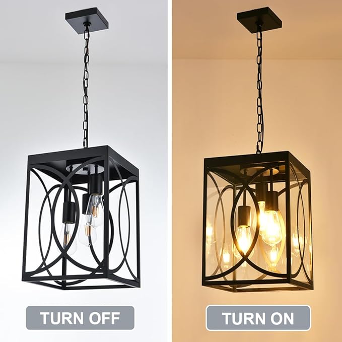 Outdoor Pendant Light Fixture, 3-Light Black Large Exterior Hanging Lantern with Clear Glass, Metal Outdoor Chandelier Porch Lighting for Front Porch Entrance
