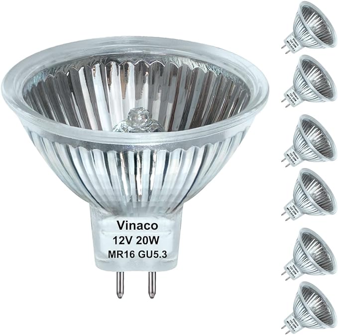 Vinaco MR16 Halogen Bulb 20W 12V, 6 Pack MR16 Bulb Dimmable, Long Lasting MR16 GU5.3 20W Bulb, 2800K Warm White with GU5.3 Base for Landscape, Track Lights, Fiber Optics, Desk Lamps