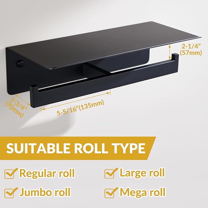 APLusee Matte Black Double Toilet Paper Holder with Shelf, 304 Stainless Steel Bathroom Tissue Roll Holder, Commercial Paper Dispenser Wall Mounted