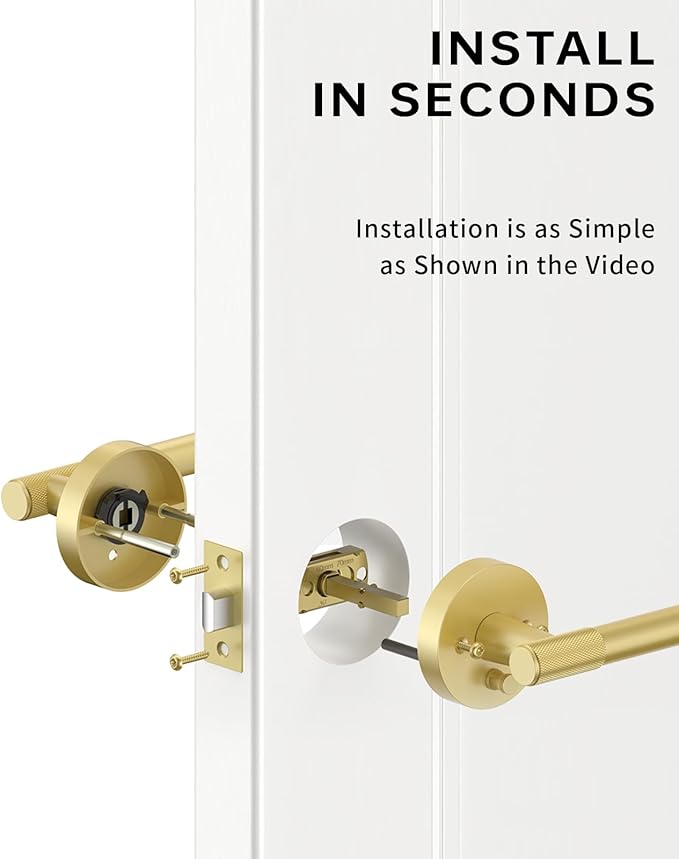 Asidrama 1 Pack Privacy Gold Door Handles, Door Lever with Door Knobs Indoor for Bedroom or Bathroom, Heavy Duty Brushed Gold Door Handles Interior with Locks for Left Right Sided Doors