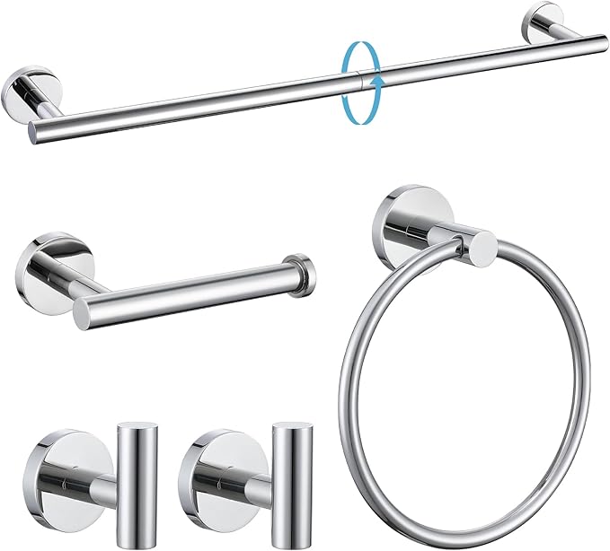 TURS Chrome 5 Piece Bathroom Hardware Set, SUS304 Stainless Steel 24 Inch Bath Towel Bar Set, Round Bathroom Accessories Kit Wall Mounted