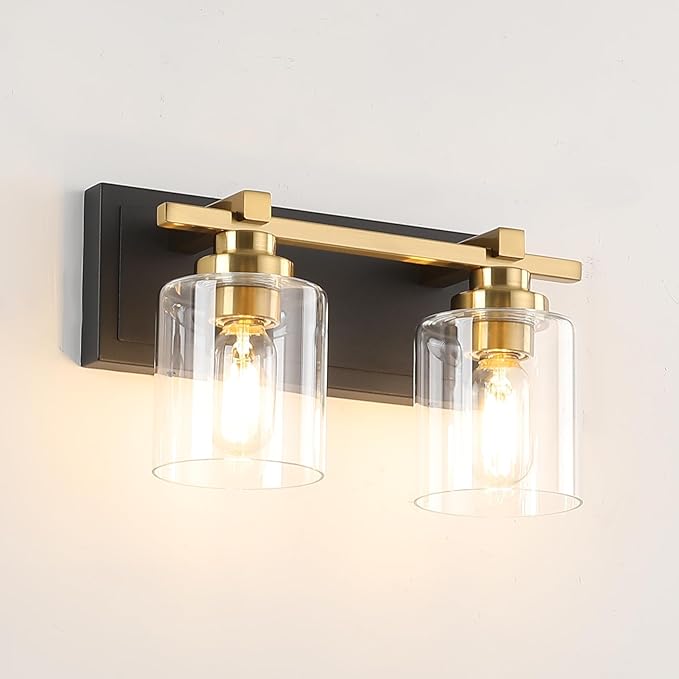 2 Light Modern Bathroom Light Fixtures Over Mirror, Black Gold Vanity Lights for Bathroom Wall Sconces with Clear Glass Shades, E26 Socket (Bulbs Not Included)