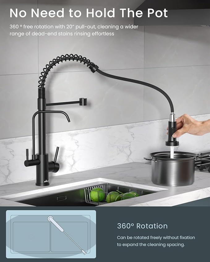 APPASO Black Kitchen Faucet with Drinking Water Faucet, 3 in 1 Pull Down Faucet with Purfied Water Faucet, Single-Handle High Arc Kitchen Water Filter Faucet, Matte Black (Without Filtration Device)