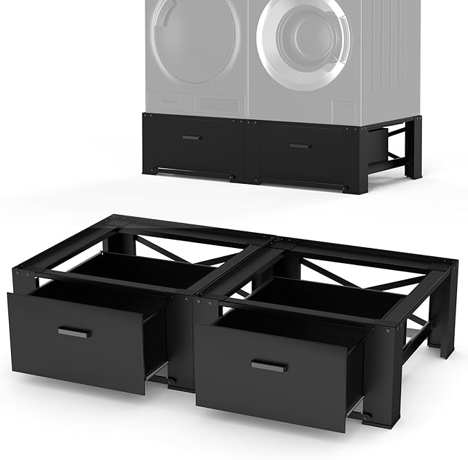 SKM 29" Washer & Dryer Pedestals with Drawer - 2 Pack Laundry Stand Raiser, 14.3" Height, Steel Construction, Black