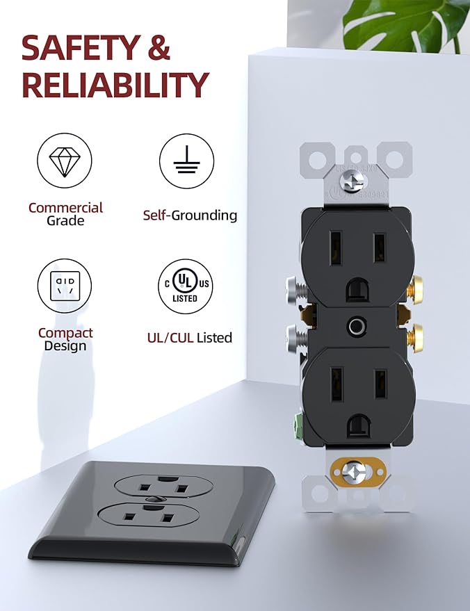 AIDA Outlet Duplex Receptacle with Wall Plate, Electrical Outlet Electrical Wall Outlet, 15 Amp Outlet 125V, Self-Grounding, 2-Pole, 3-Wire, 5-15R, UL Listed, 10 Pack, Black, Tamper Resistant