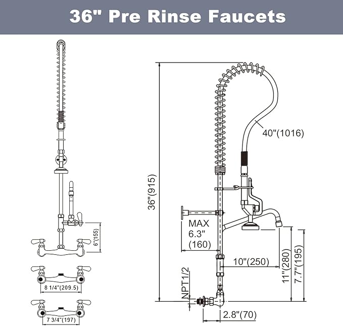 Commercial Kitchen Faucet Wall Mount with Pre-Rinse Sprayer 36" Height Wall Mount Kitchen Sink Faucet 8 Inch Center with 10" Add-on Swing Spout Faucet & Coiled Spring Pull Down Spray