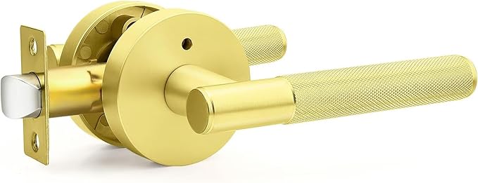 1 Pack Privacy Door Handle Brass, Gold Door Knob Interior with Lock, Keyless Knurled Door Lever for Bedroom or Bathroom, Reversible for Right & Left Side