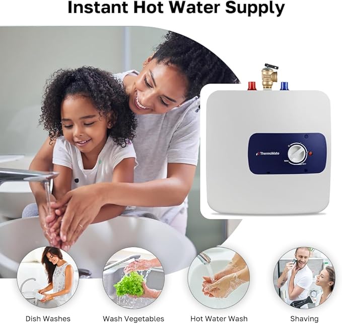 Electric Mini Tank Water Heater UL Listed, ThermoMate 2.5 Gallons Small Under Sink Water Heater for Point of Use Instant Hot Water 110V 120V, Wall or Floor Mounted, ES250