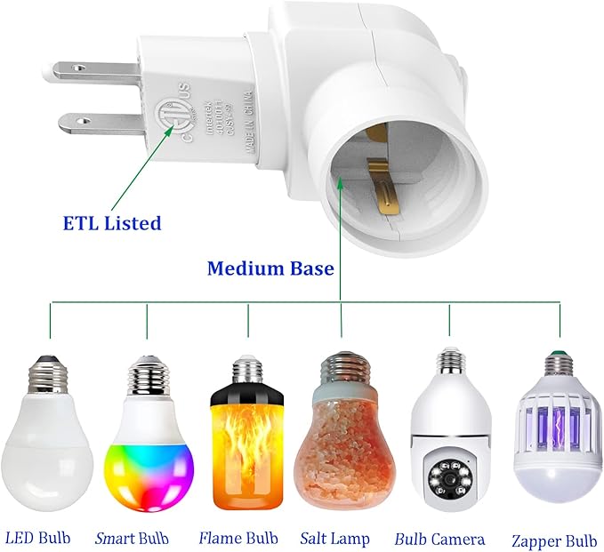 Borju Plug in Light Socket [2-Pack], Outlet to Socket Adapter, 360° Rotatable Plug with On/Off Switch, ETL Listed, White