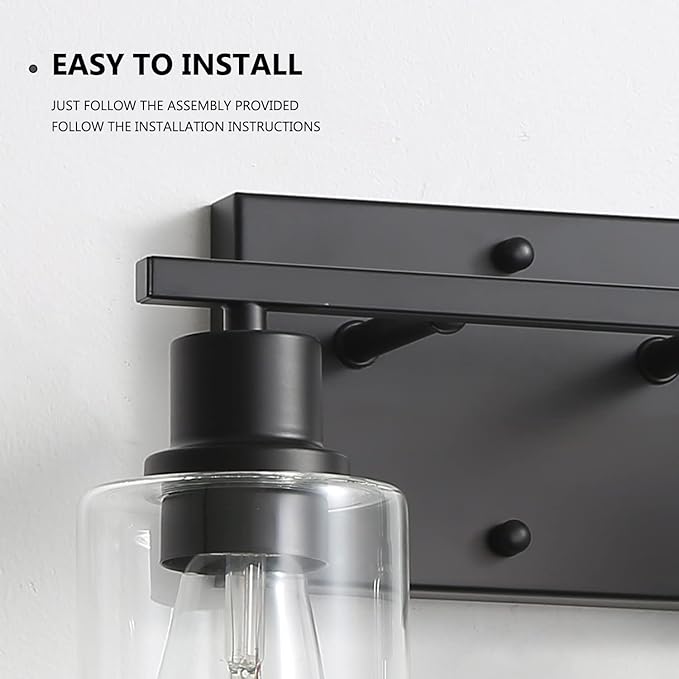 EMONG 2-Lights Bathroom Light Fixtures, Matte Black Vanity Light with Glass Shade, Modern Wall Sconces Lighting for Bathroom,Mirror,Farmhouse,Hallway