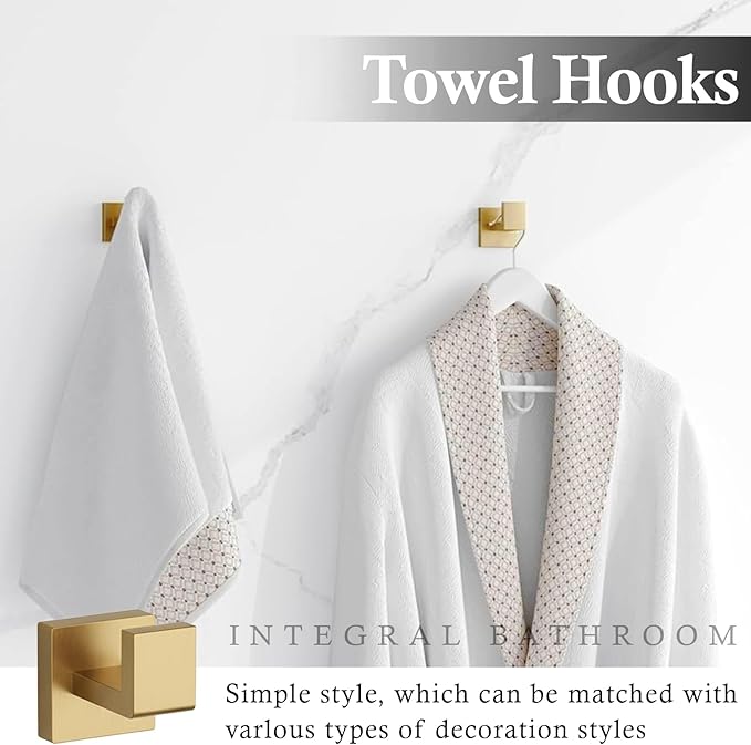 10-Piece Brushed Gold Bathroom Accessories Set – 23.6" Towel Bar, Towel Ring, Toilet Paper Holder & Hooks, Wall Mounted Bathroom Hardware, Rust & Corrosion-Resistant, Ideal for Modern Bathrooms