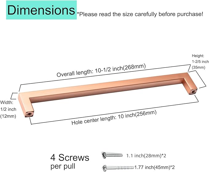 10 Pack Copper Cabinet Pulls 10 Inch Copper Red Drawer Pulls Square Cupboard Handles Wardrobe Handles Modern Stainless Steel Kitchen Cabinet Hardware
