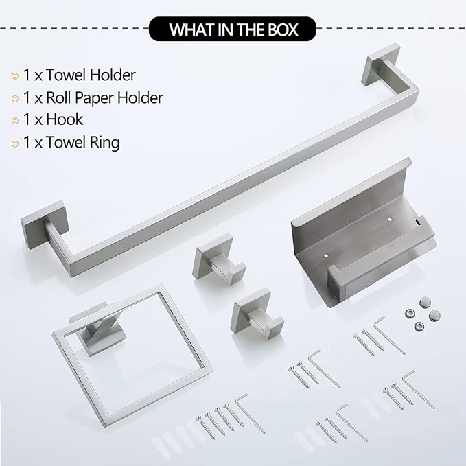 Brushed Nickel Bathroom Towel Bar Set Bathroom Accessories Hardware Set Including Towel Bar Towel Ring Coat Hook and Toilet Paper Holder with Shelf. Wall Mounted Stainless Steel