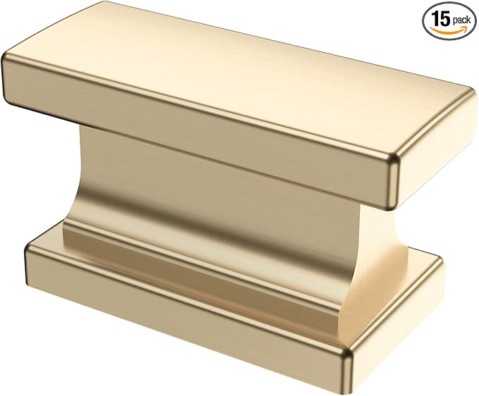 Alzassbg 15 Pack Brushed Brass Cabinet Knobs, 1.46 Inch(37mm) Gold Rectangle Kitchen Hardware Knobs for Cabinets and Drawers AL6061BB