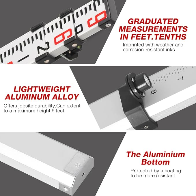 9-Foot Aluminum Grade Rod - 10ths Double-Sided Scale, 3-Section Telescopic Leveling Rod with Bubble Level & Carrying Case for Surveying, Laser Alignment, Walls, Floors