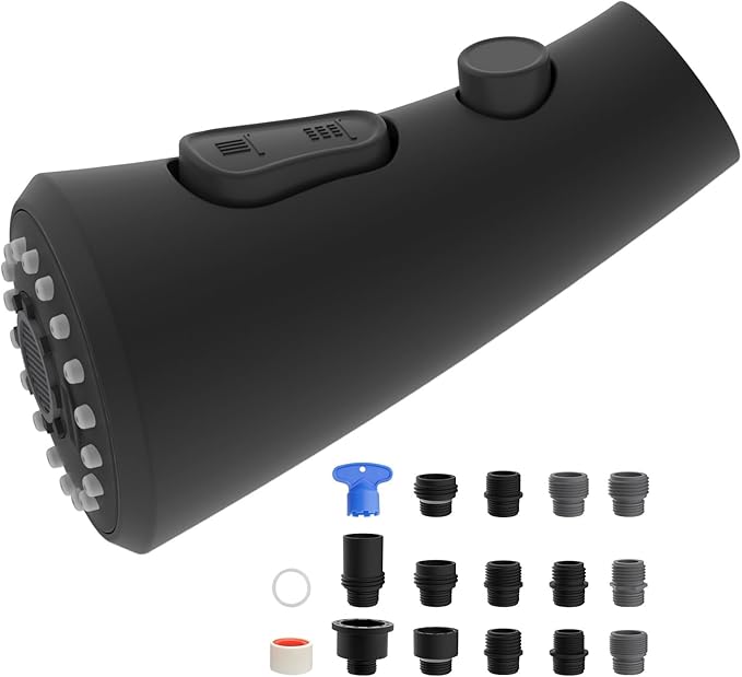 Hibbent Curved Pull Down Kitchen Faucet Head Replacement, 3-Function Kitchen Sink Spray Nozzle with 14 Adapters, Anti-Splash, Compatible with Kohler Bent Faucets, Matte Black