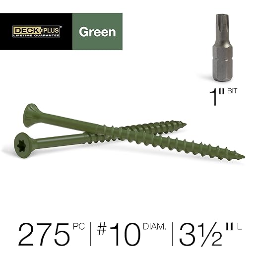 Deck Plus 3-1/2 Inch Epoxy Coated Exterior Wood and Fence Screws #10 x 3-1/2" Torx/Star Drive Included Coarse Thread, Outdoor Rust Resistant Decking Screw, Green, 5lb Box, 275 Pieces | 48408