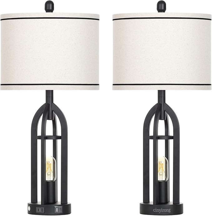 27" Farmhouse Table Lamps Set of 2 with USB A+C Charging Ports,3-Way Dimmable Touch Control Bedside Lamps with Nightlight,Vintage Modern Lamp for Living Room Bedroom with 2 Light Sources