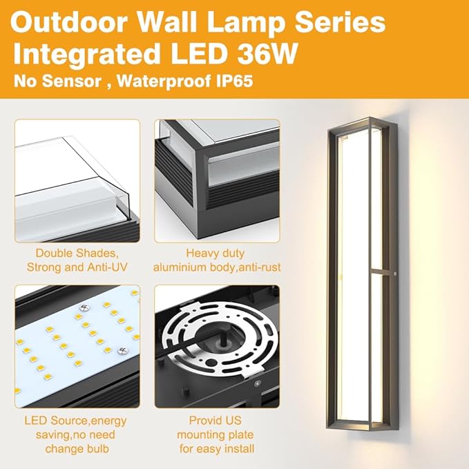 Sytmhoe Exterior Wall Lights, 10%-100% Dimmable LED Modern Porch & Patio Wall Light Fixture, 23.6in Black Exterior Sconce Wall Mounted Lights Suitable for Garage Living Room Courtyard House(3000K)