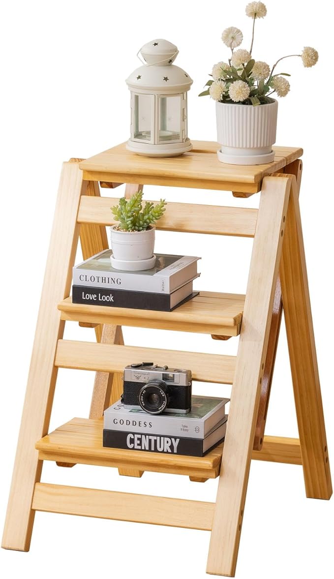 Latifolia Foldable 3 Step Ladder, Wooden Step Stool with Floor Saver, Decorative Ladder Shelf for Living Room, Kitchen, Garden(Nature)