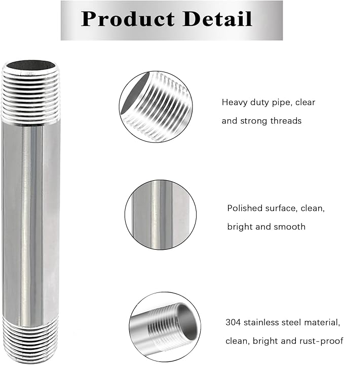 GeilSpace 3/4" x 16" Stainless Steel Pipe, 304 Pipe Nipple Fits Standard 3/4 Inch Threaded Pipes and Fittings, DIY Industrial Metal tube (2 PCS)