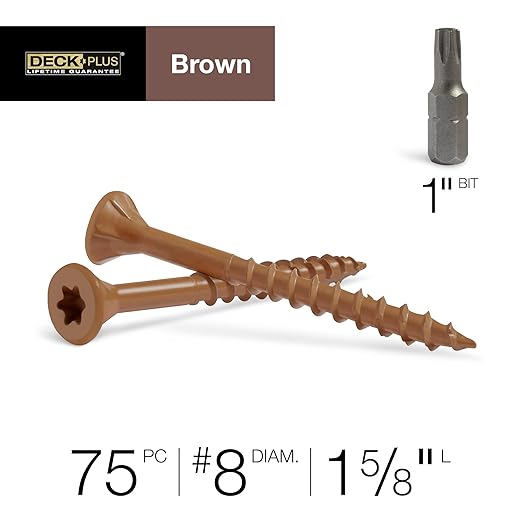 Deck Plus 1-5/8 Inch Epoxy Coated Exterior Wood and Fence Screws #8 x 1-5/8" Torx/Star Drive Included Coarse Thread, Outdoor Rust Resistant Decking Screw, Brown, XL Pack, 75 Pieces | 42665