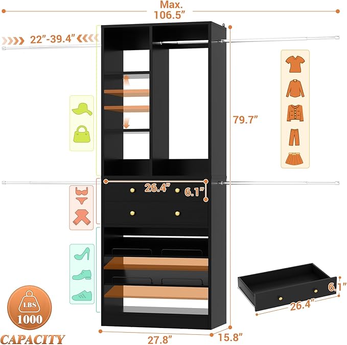 Closet System, 4.2–8.8 FT Closet Organizer with 2 Wooden Drawers and Shelves, Walk-in Closet System with 5 Hang Rods, Built-in Reach in Closet Tower, Can Fit 60 to 96 inch, Black