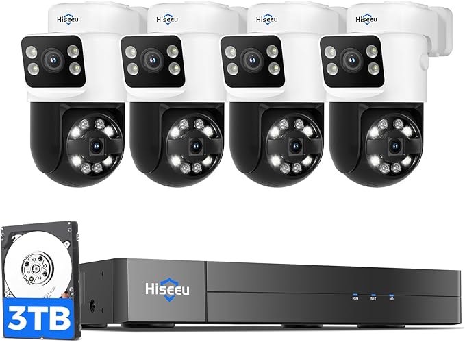 [Dual Lens+Human Tracking] Hiseeu 4K PoE Security Camera System, 4 Pcs 6MP PoE PTZ Cameras, 300°Pan 90°Tilt,Color Night Vision, Motion Detect,2 Way Audio,Smart Playback,0 Fee, 3TB HDD, 7/24 Record