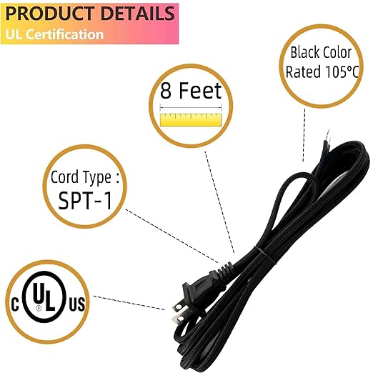 8 Feet Rayon Cloth Covered Replacement Lamp Cord with End Plug for Antique Lamp Repair DIY Project, SPT-1 Electric Wire,18 AWG, Stripped Ends,2 Pack,Black Color
